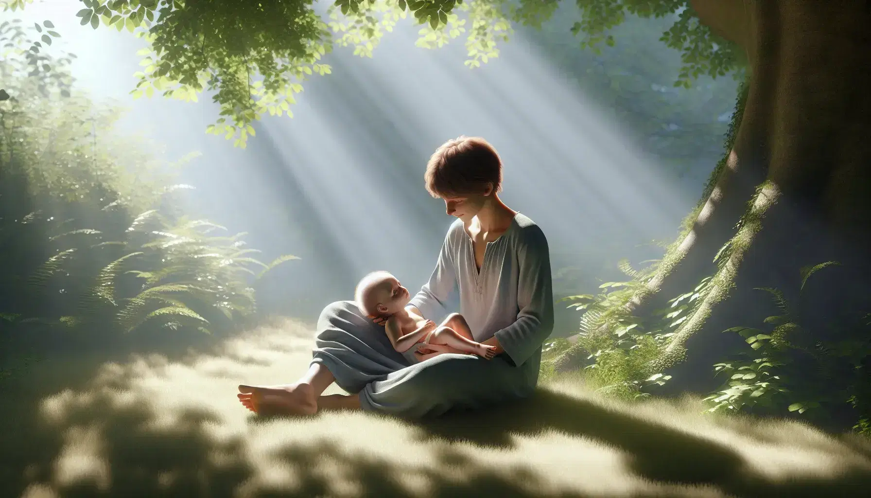 Human assistant in light tone with brown hair gently holds a newborn baby in a white onesie, sitting on grass in a sunny forest.