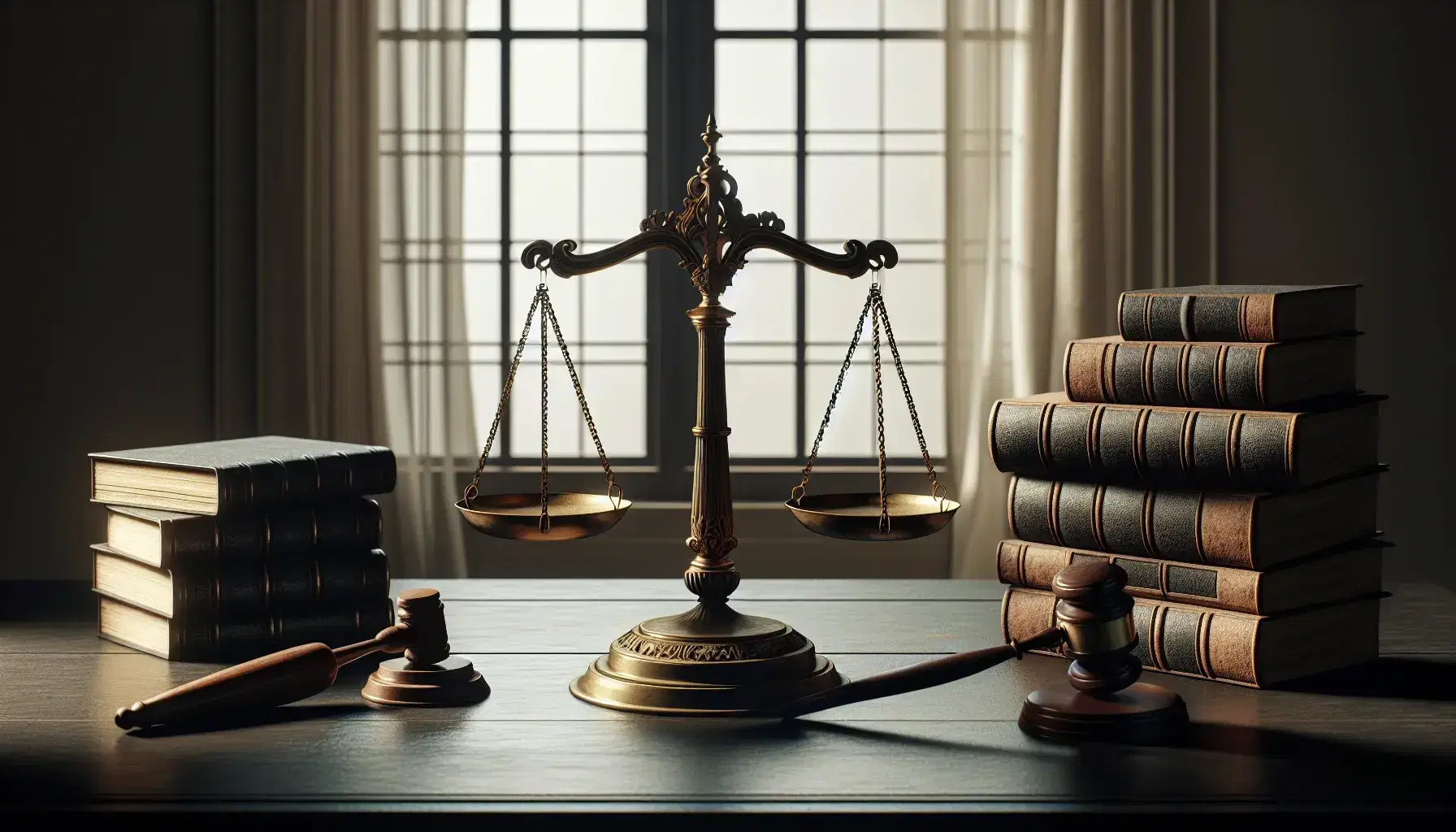 Báscula de justicia de bronce equilibrada en mesa de madera oscura, con martillo de juez y libros encuadernados en cuero en una habitación iluminada.