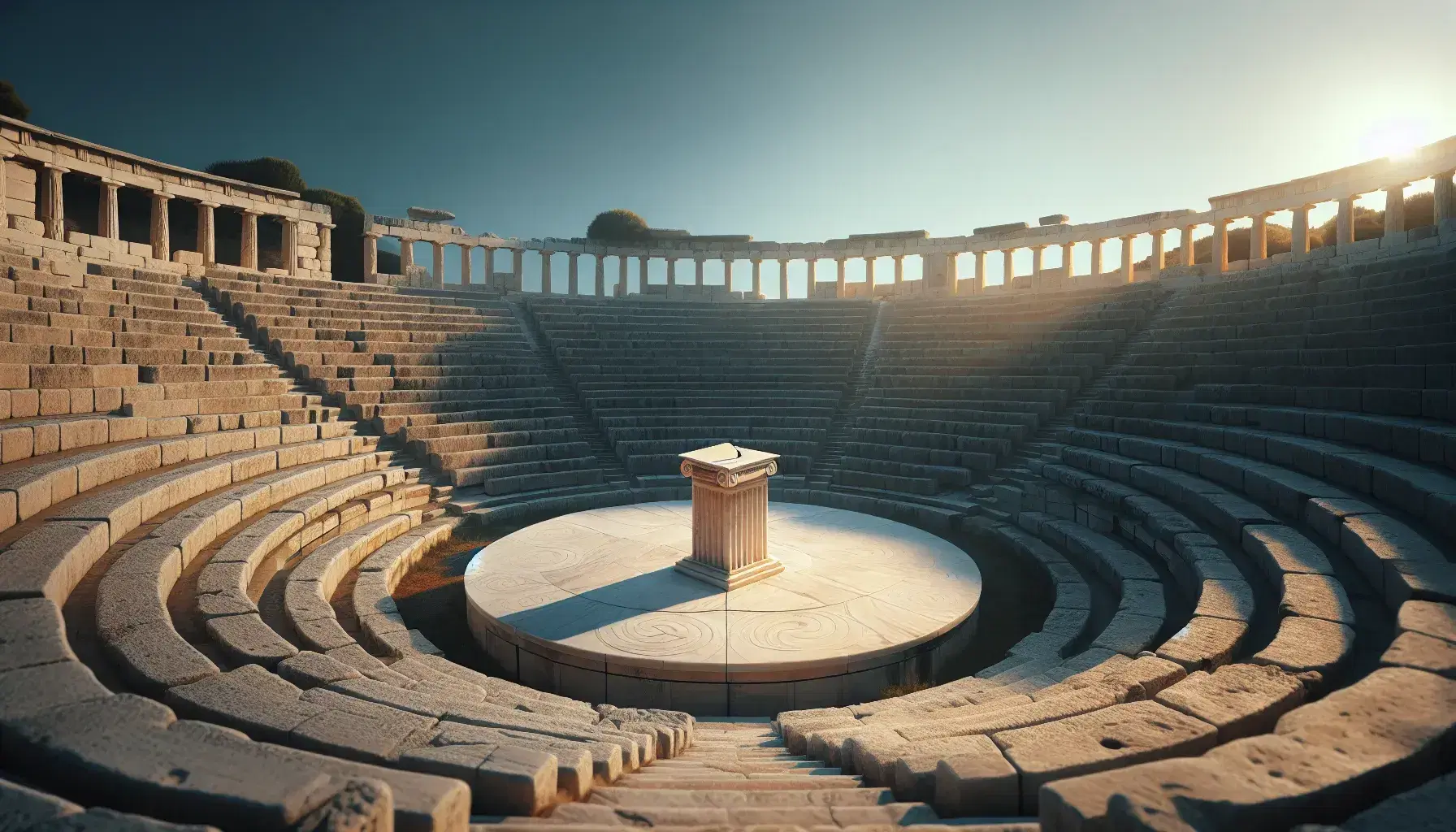 Ancient Greek amphitheater with tiered stone seating and central marble podium under a clear blue sky, surrounded by natural greenery.