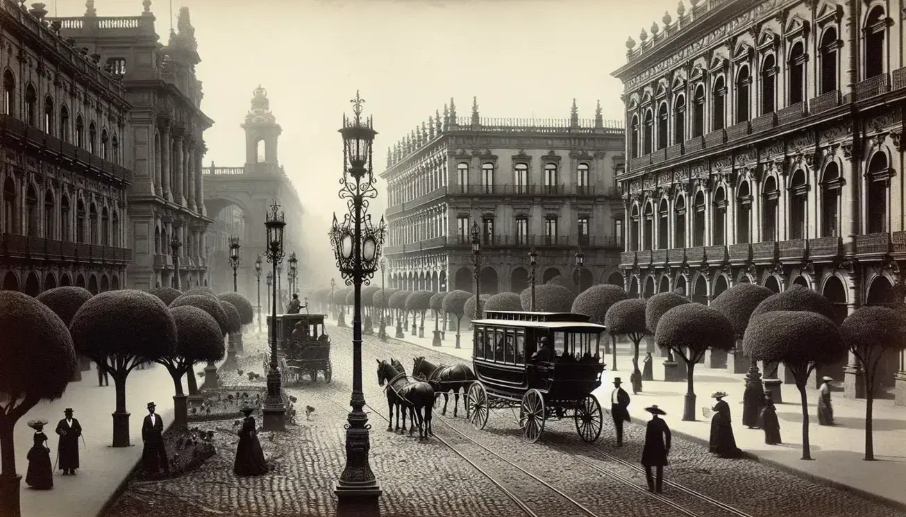 Escena urbana de México a finales del siglo XIX con avenida adoquinada, edificios neoclásicos, tranvías tirados por caballos y estatua en jardín público.