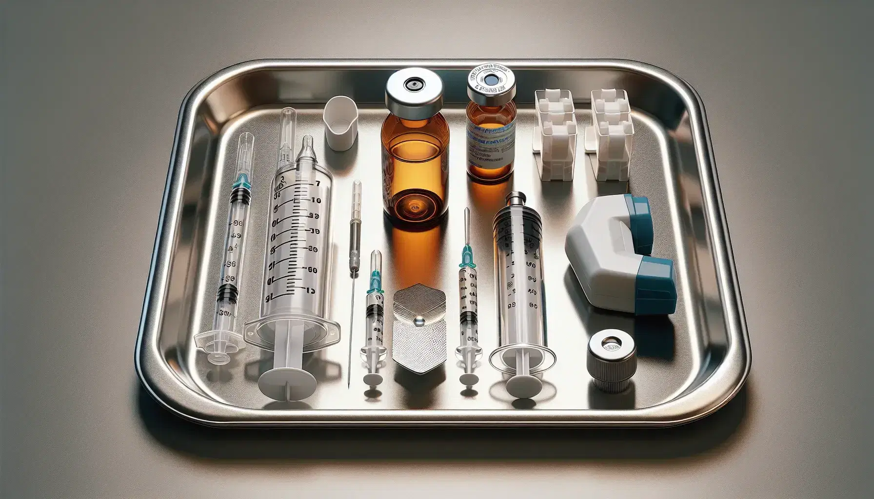 Bandeja de acero inoxidable con jeringa, vial ámbar, vaso dosificador, inhalador de dosis medida y parche transdérmico para administración de medicamentos.