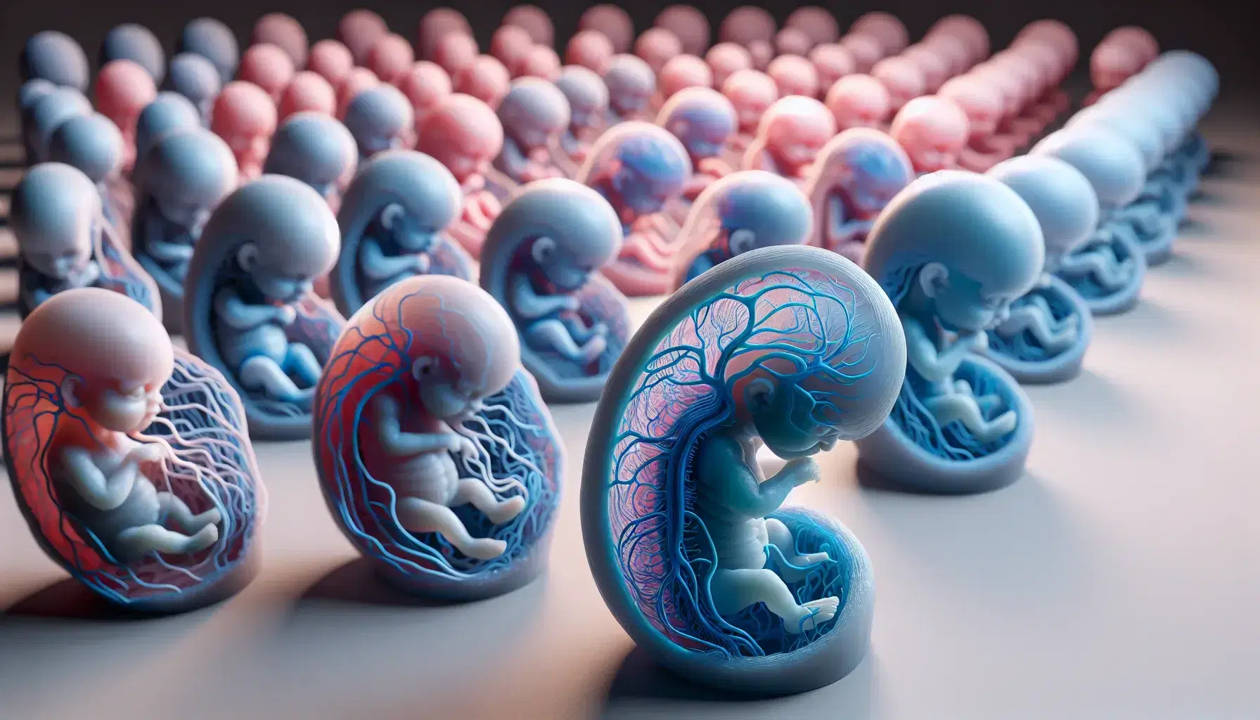 Modelos tridimensionales de embriones mostrando etapas del desarrollo del sistema nervioso central, con tubo neural en azul y cuerpo del embrión en rosa, dispuestos en secuencia evolutiva.