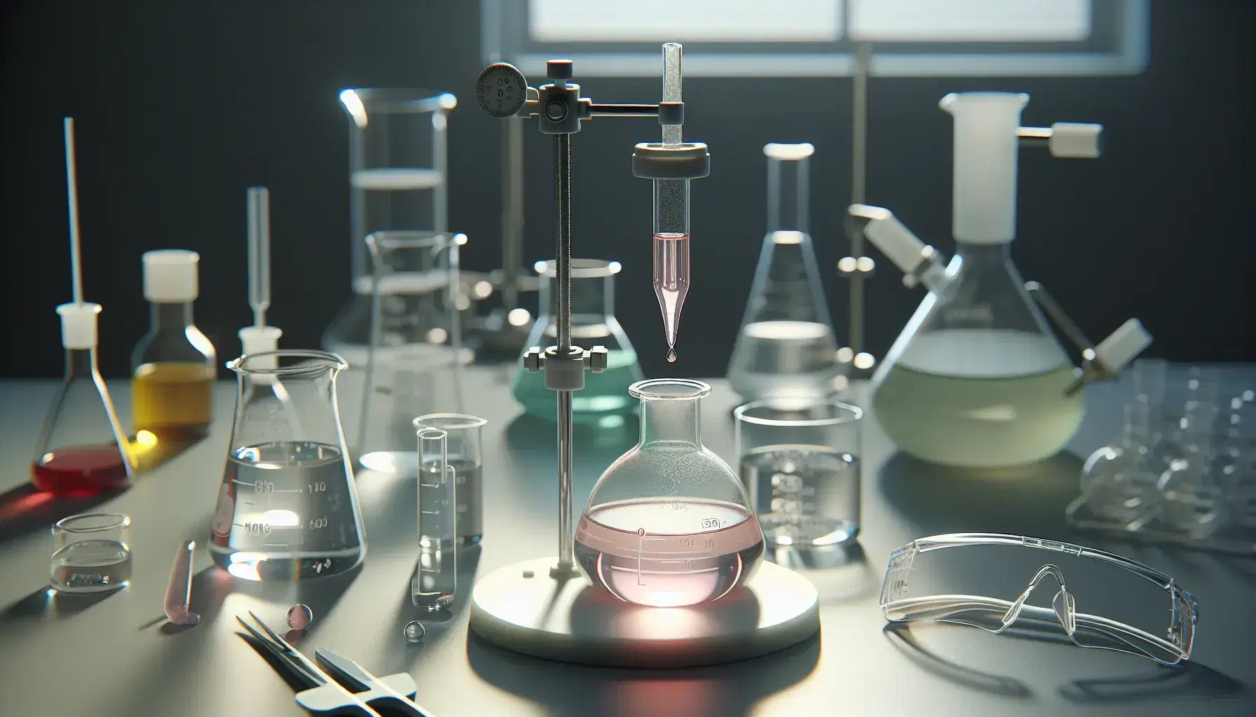 Laboratory with glass burette containing pink solution dripping into porcelain dish, safety glasses and blurry glassware in background.