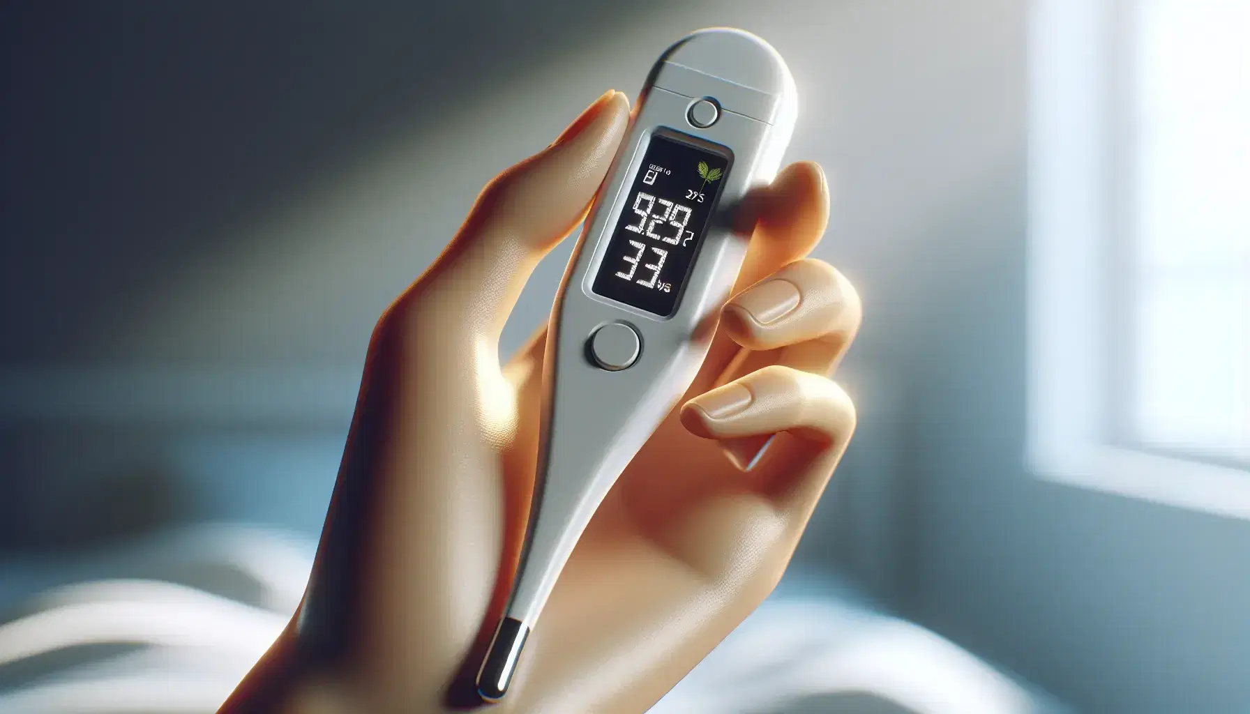 Mano sosteniendo termómetro digital médico con pantalla apagada en un entorno clínico desenfocado, destacando la importancia de la medición de temperatura en la salud.