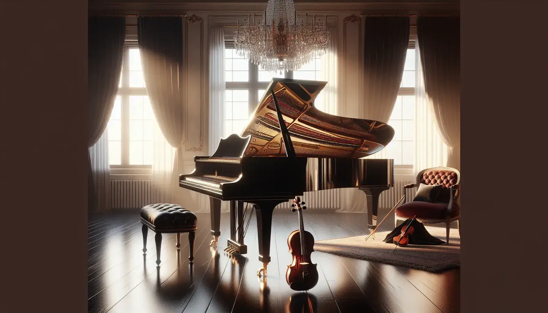 Pianoforte a coda nero lucido con coperchio aperto, violino su sedia in velluto rosso e spartito visibile, in una stanza illuminata naturalmente.