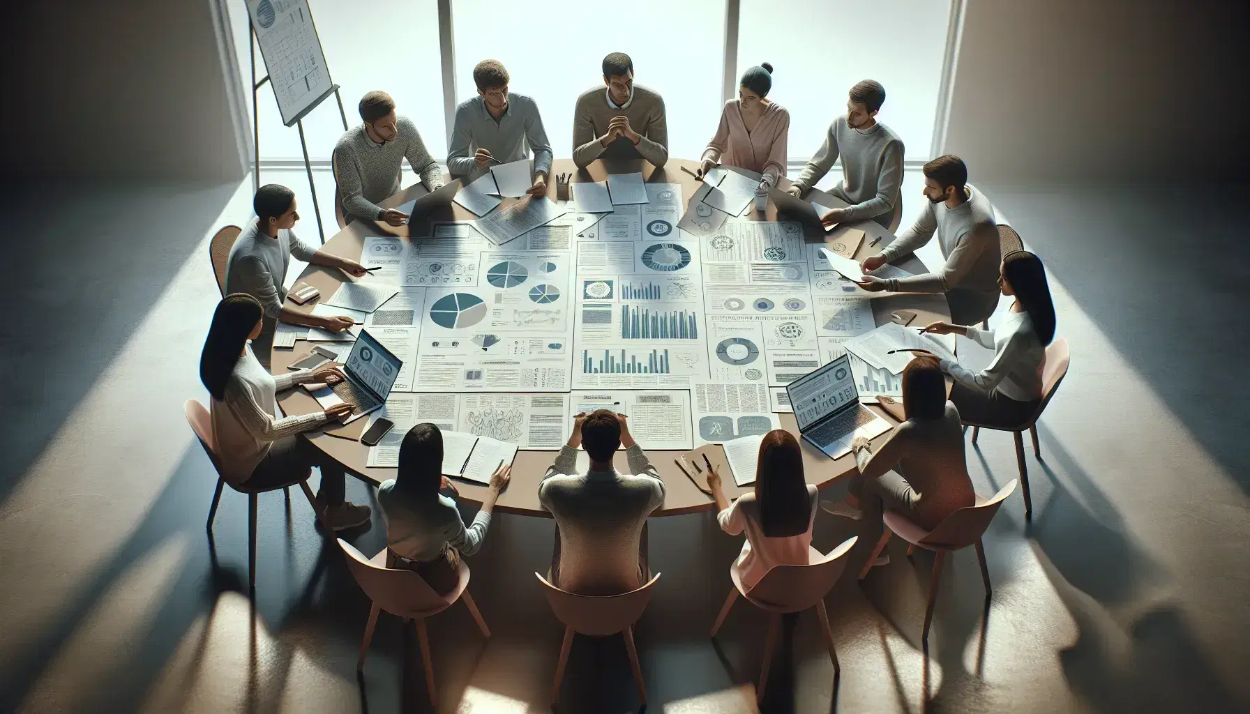 Grupo de profesionales colaborando en una reunión de trabajo alrededor de una mesa redonda con documentos y un portátil, en una sala iluminada naturalmente.