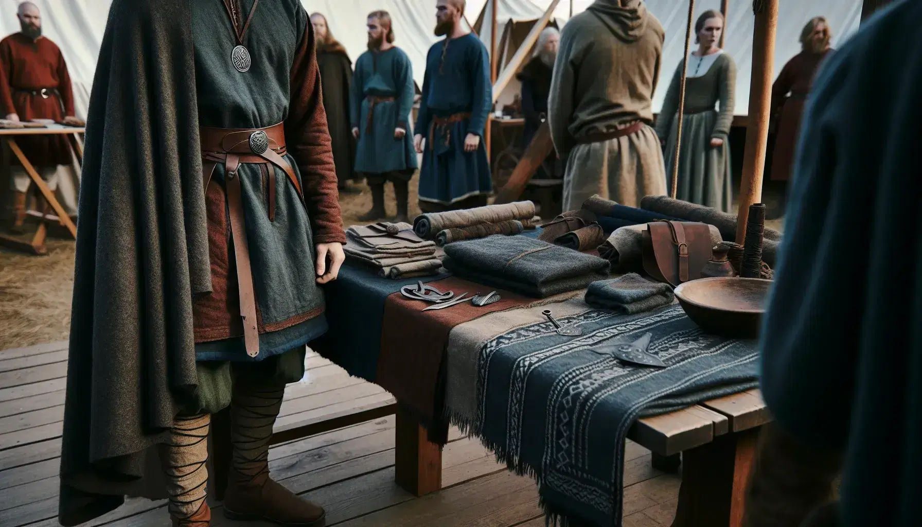 Viking reenactment with a person in red tunic and blue cloak beside a table of period clothing and accessories, set in an outdoor marketplace.