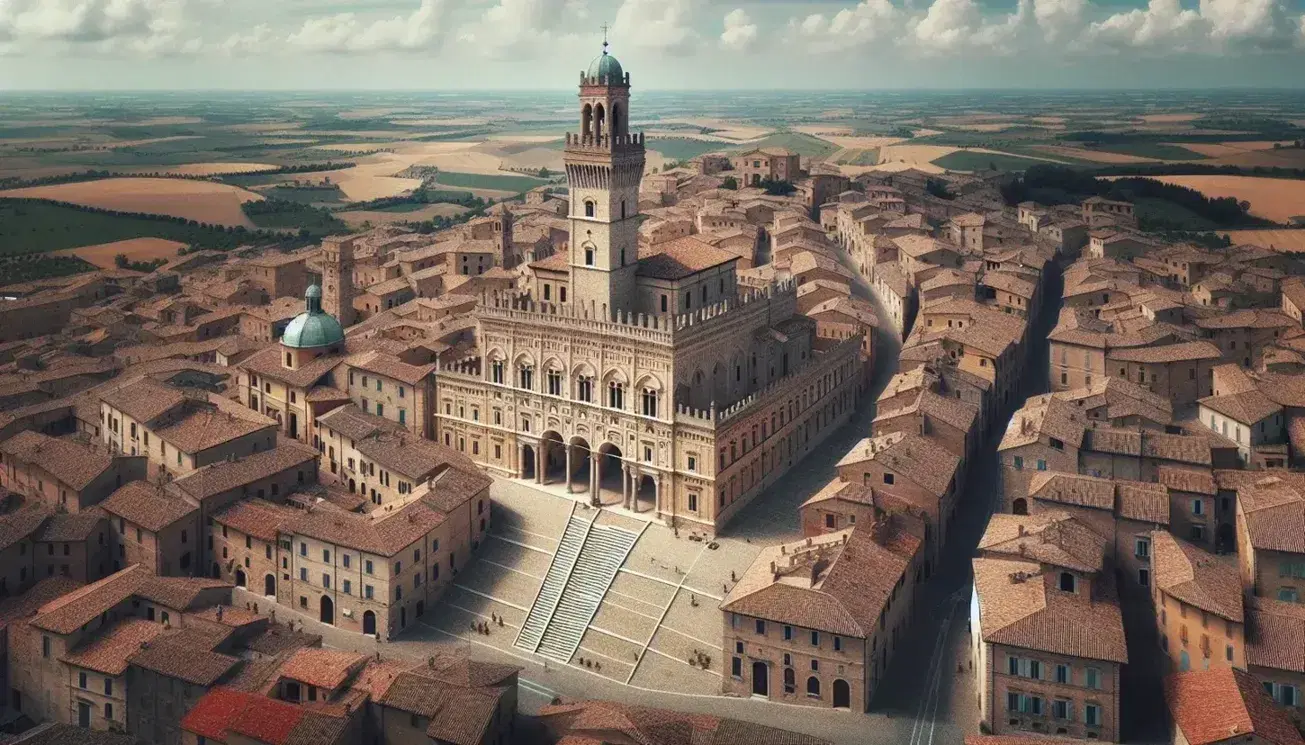 Veduta aerea di città medievale italiana con mura, palazzo comunale in pietra con torre campanaria, strade acciottolate e tetti in terracotta.