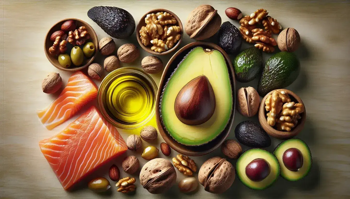 Variedad de alimentos ricos en lípidos con aguacate, nueces, salmón, aceitunas negras y aceite de oliva en superficie de madera clara.
