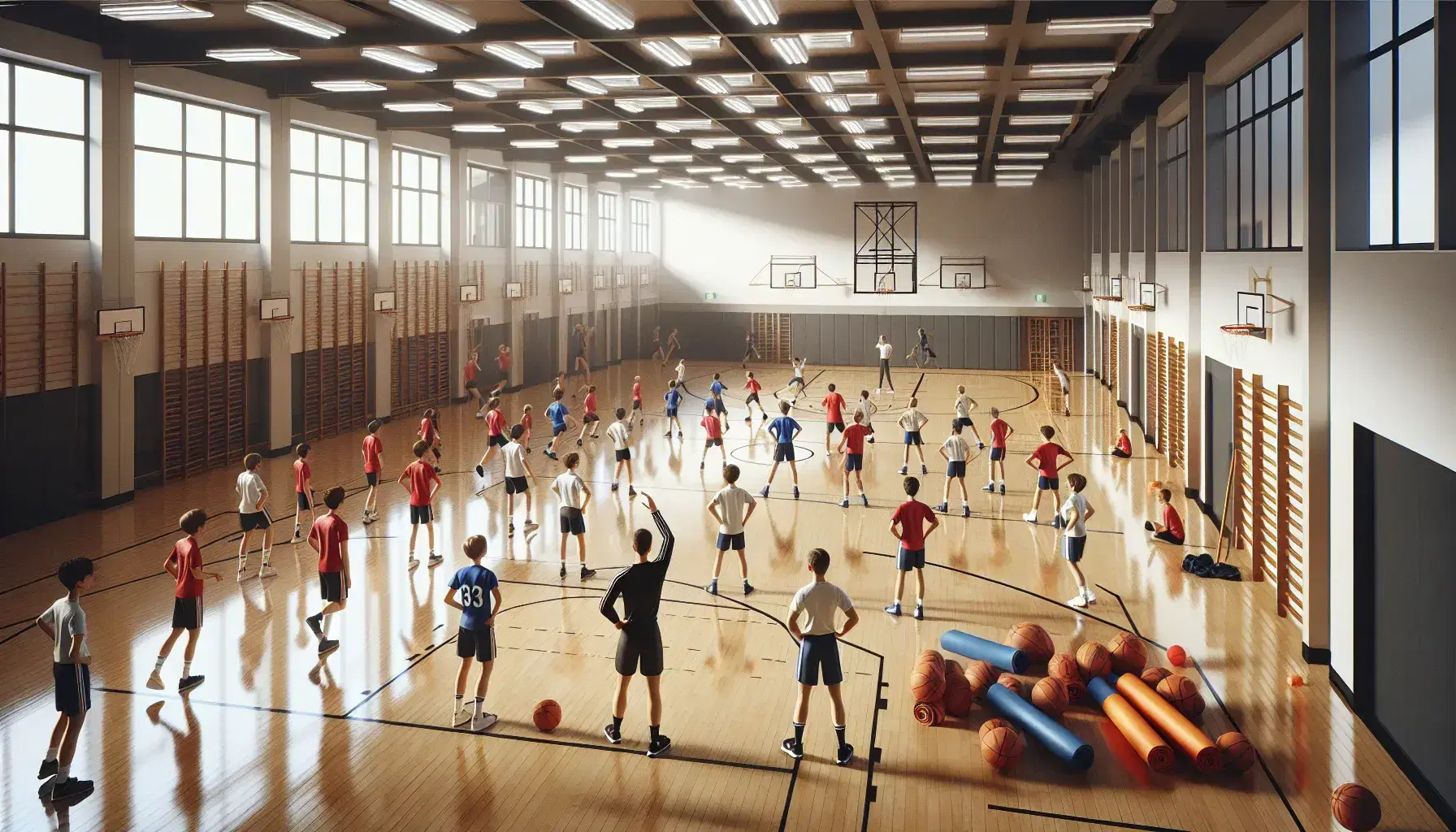 Gimnasio escolar amplio con suelo de madera y estudiantes en uniformes deportivos realizando ejercicios de calentamiento dirigidos por un instructor.