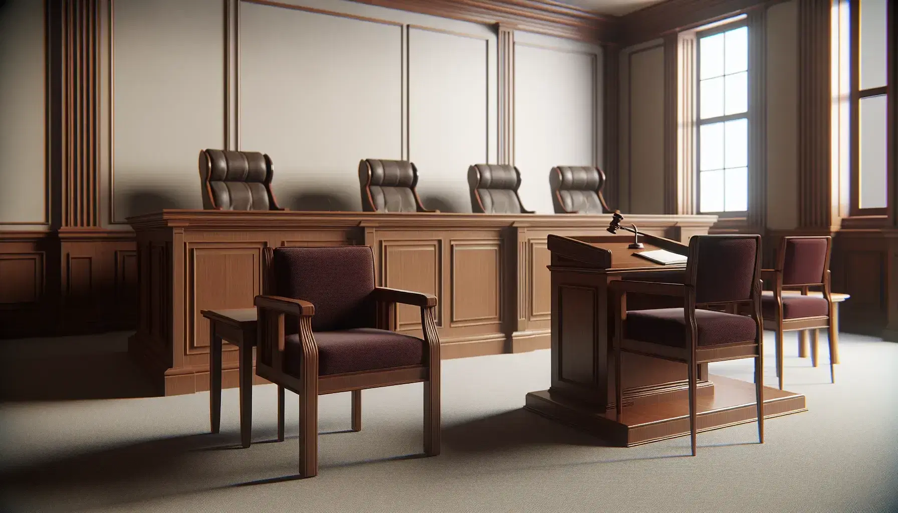 Courtroom interior with judge's bench, unoccupied chairs with burgundy cushions, wooden podium, American flag, and large window with tree silhouette.