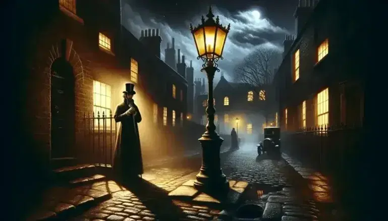 Escena nocturna victoriana con hombre elegante bajo farol de hierro, calles empedradas, edificios de ladrillo y árbol sin hojas, en tonos oscuros y amarillos.