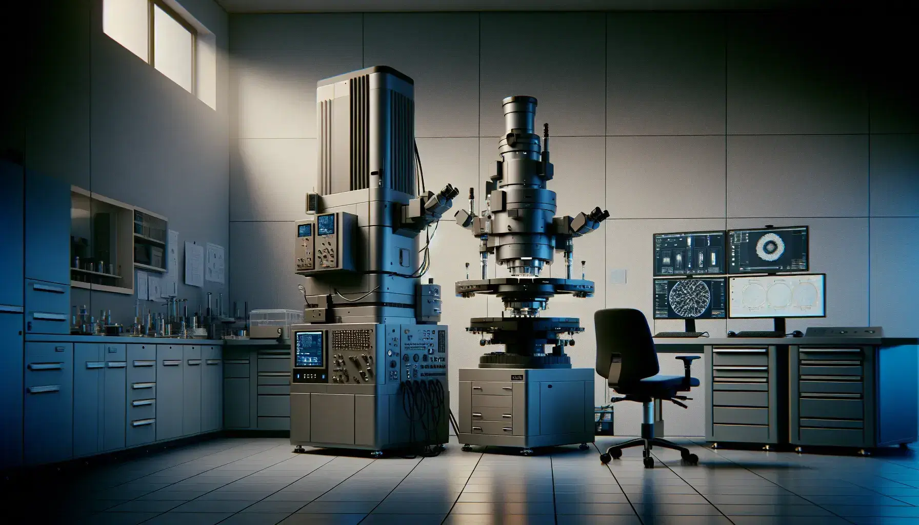 Microscopio elettronico a scansione in laboratorio di ricerca con struttura cilindrica, cavi neri, pannelli di controllo e attrezzi da laboratorio su tavolo accanto.