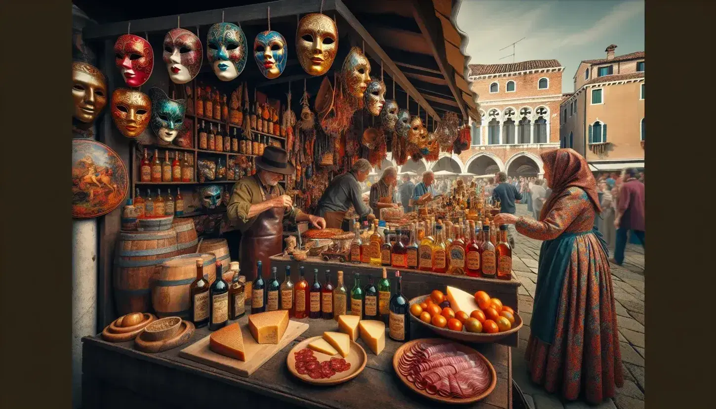Mercato all'aperto in piazza Veneto con bancarella di maschere veneziane colorate, dimostrazione di soffiatura del vetro di Murano e degustazione di formaggi e salumi locali.