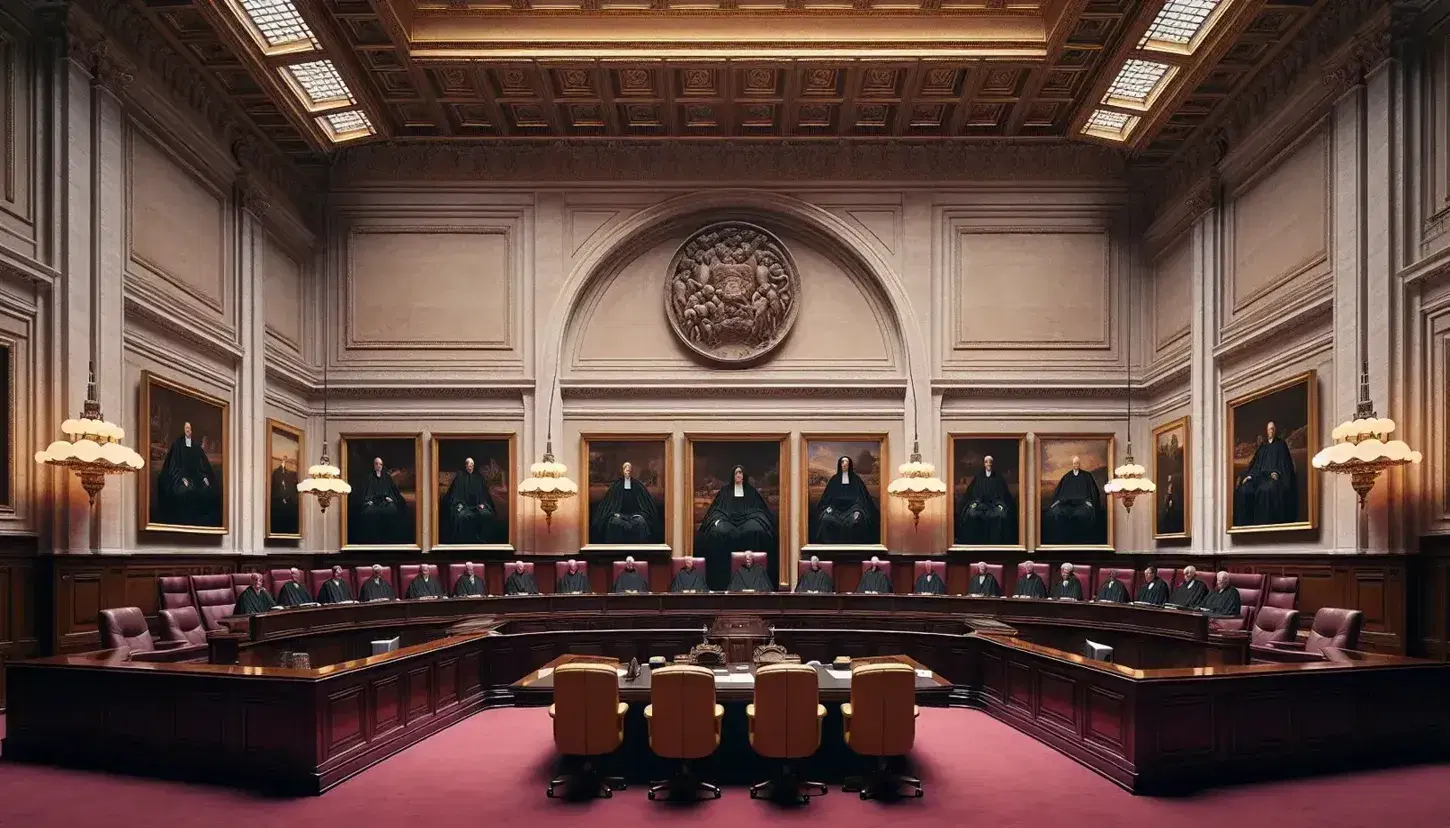 Sala del Tribunale Costituzionale italiano con scrivania semicircolare, sedie bordeaux, giudici in toga e stemma della Repubblica.