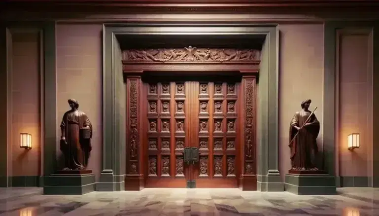 Ornate wooden courthouse doors with carved panels and life-sized statues holding judicial symbols under a stone archway, in soft overhead lighting.