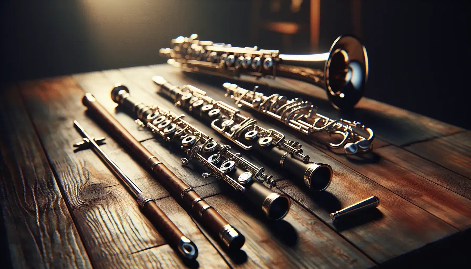 Strumenti a fiato in legno su tavolo scuro: flauto smontato, oboe e corno inglese con riflessi morbidi e sfondo sfocato.