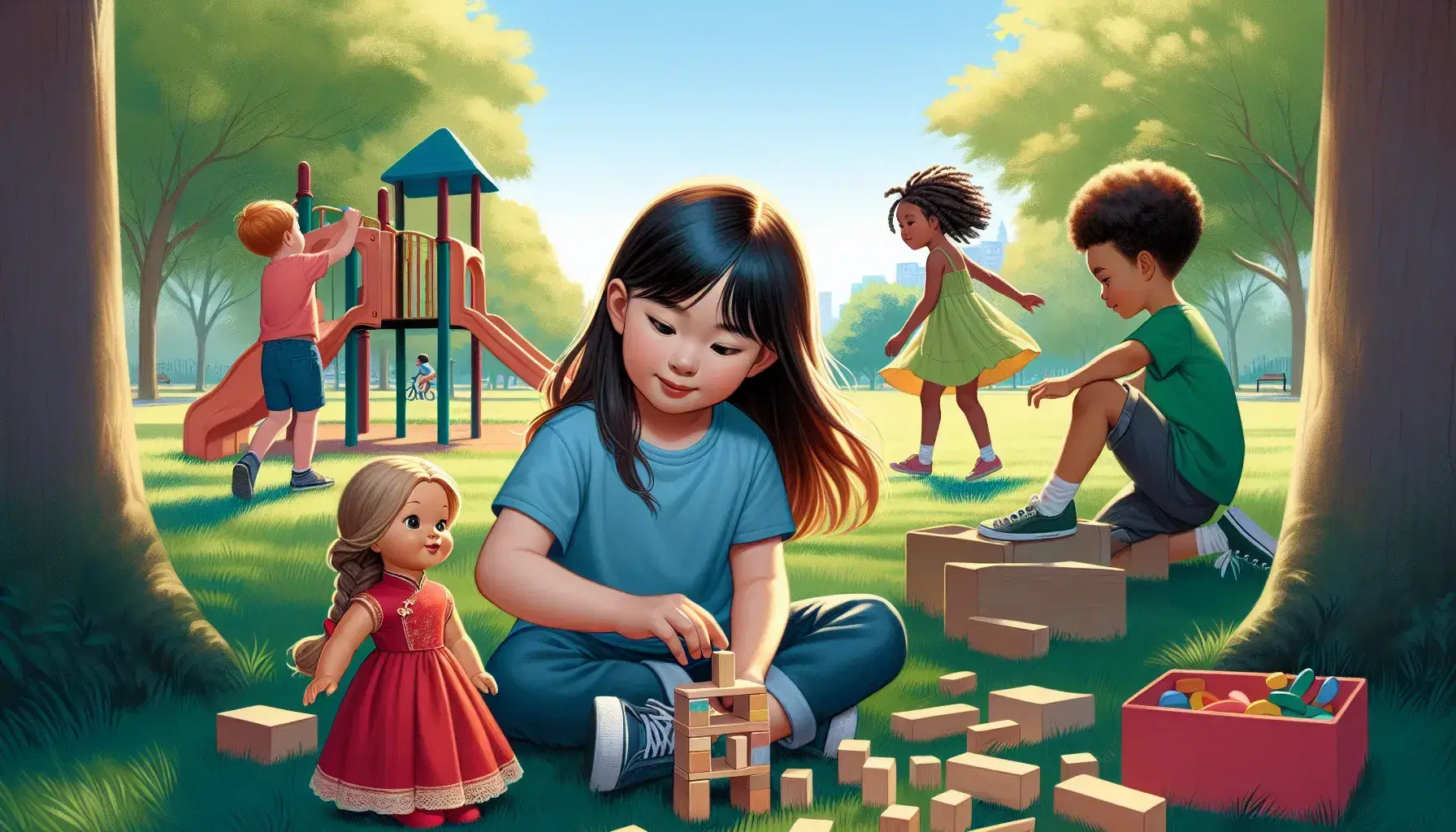 Chinese, Hispanic and Caucasian children have fun in a park: Chinese girl builds with blocks, Hispanic boy combs doll, others play.