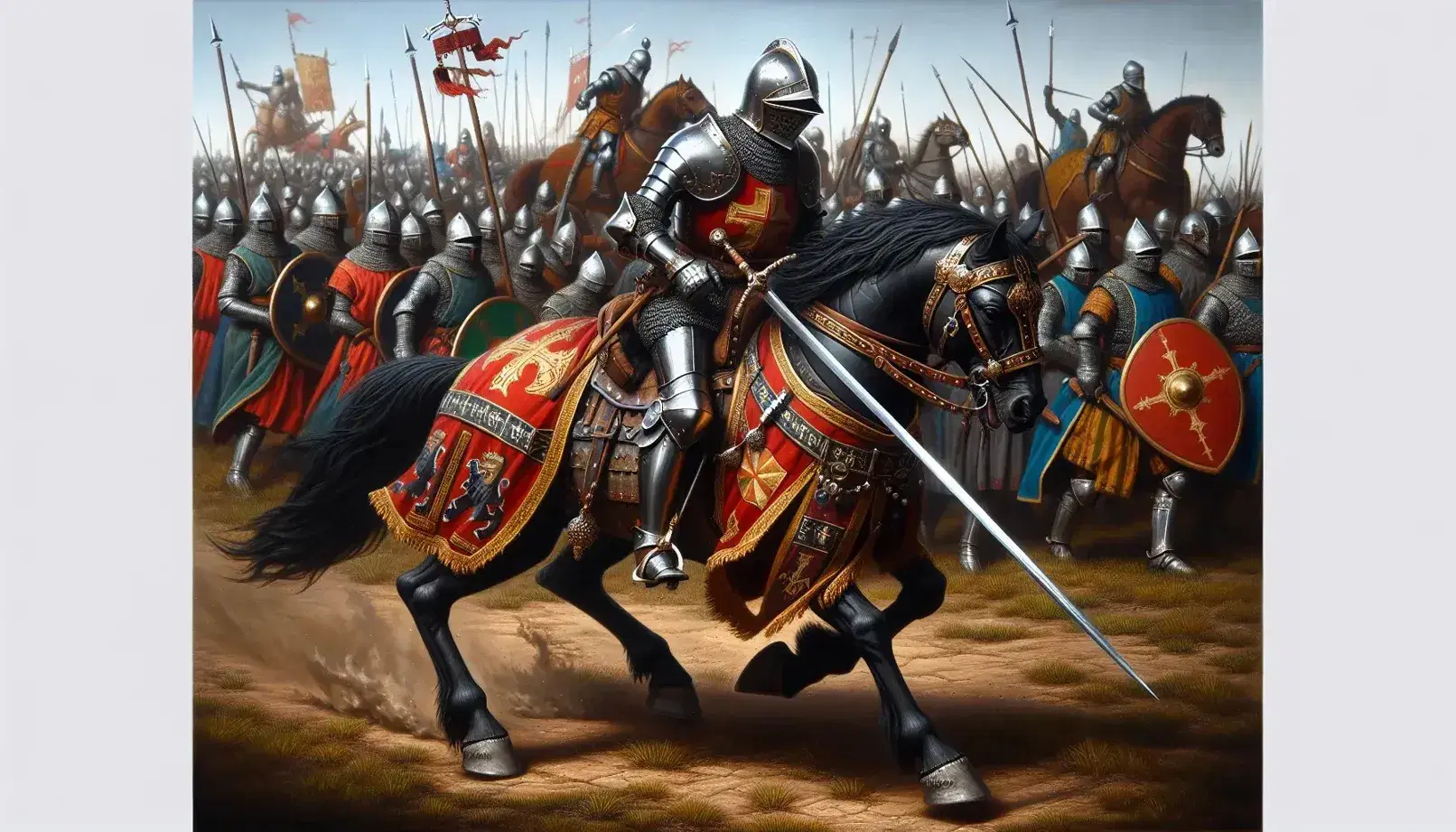 Scena di battaglia medievale con cavaliere in armatura su cavallo marrone, circondato da soldati e senza simboli visibili.