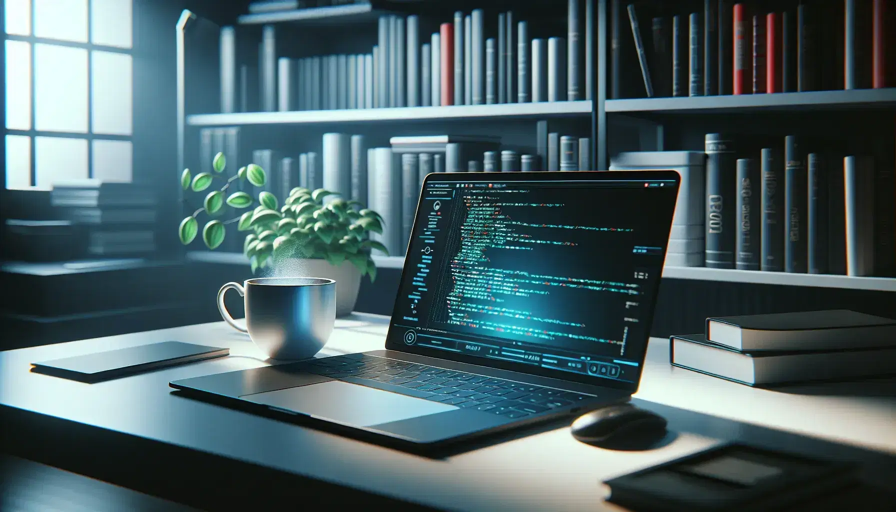 Modern workspace for programming with turned on black laptop, green plant and cup of coffee on white desk, blurred bookshelves background.