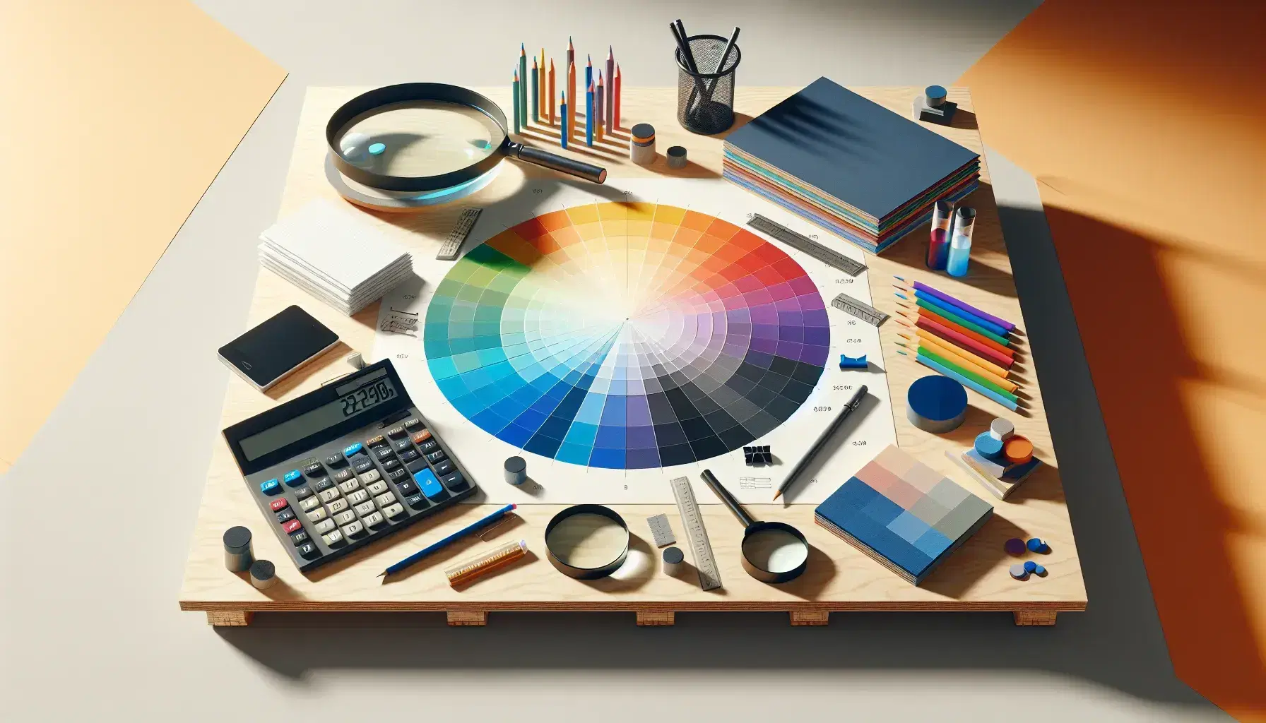 Mesa de madera con gráfico de pastel colorido, calculadora científica, papeles, lápiz y fichas de cartón, junto a lupa y probetas con líquidos azul y rojo.