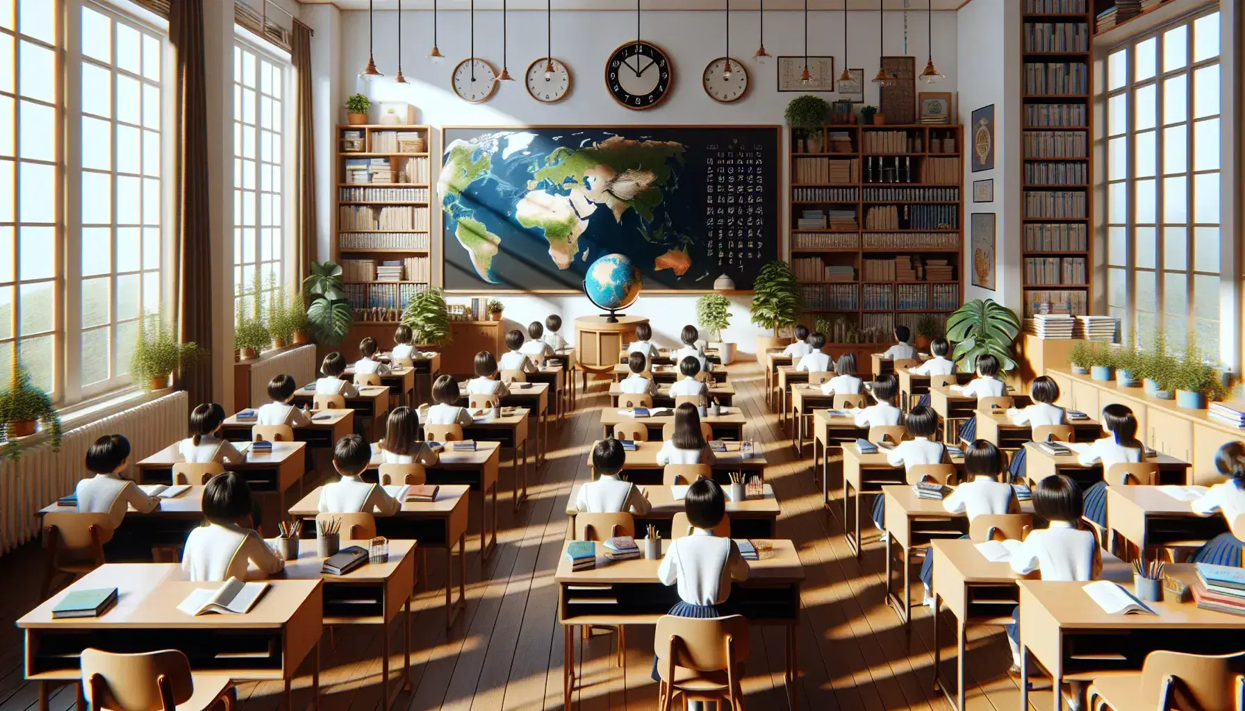 Aula escolar amplia con pupitres de madera, pizarra negra, globo terráqueo y estantería con libros, estudiantes en uniforme interactuando.