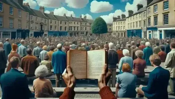 Folla variegata di spalle in piazza pubblica, alcuni seduti su panchine, con persona in primo piano che tiene libro aperto, edifici storici sullo sfondo e cielo azzurro.