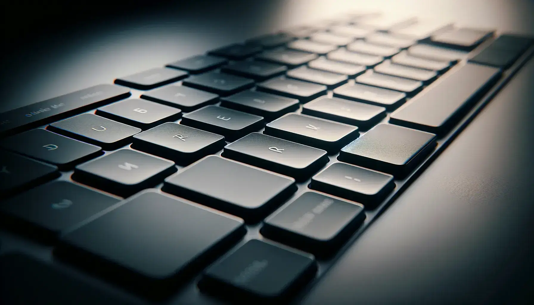 Teclado de computadora moderno en primer plano con teclas negras mate sin inscripciones y carcasa plateada desenfocada en el fondo.