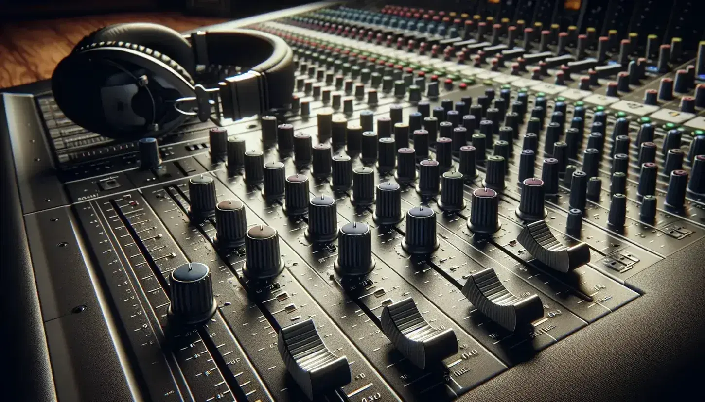 Close-up of an audio mixing console with colorful knobs and metal faders, blurry black studio headphones in the background.