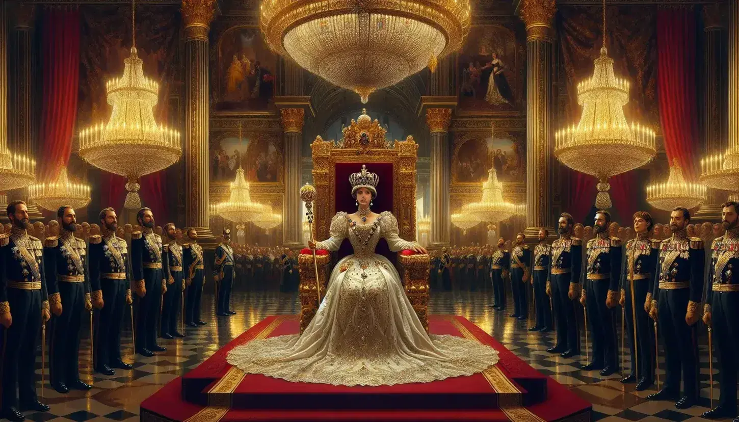 Donna in abito bianco e corona d'oro siede su trono durante cerimonia di incoronazione, con guardie in uniforme e ospiti sfocati sullo sfondo.