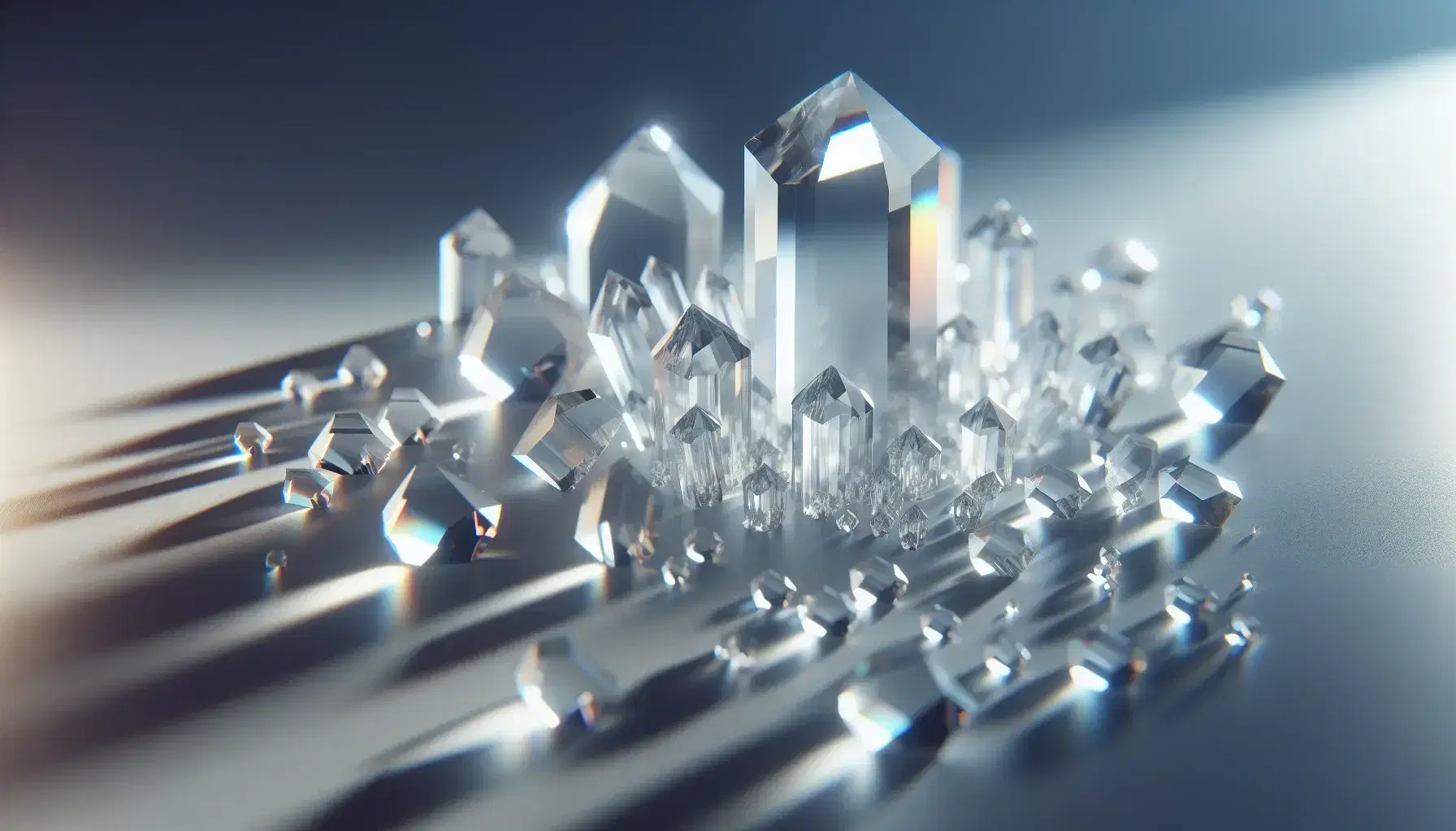 Cristalli trasparenti e incolori di diverse dimensioni su superficie bianca opaca, con riflessi luminosi e giochi di luce e ombra.