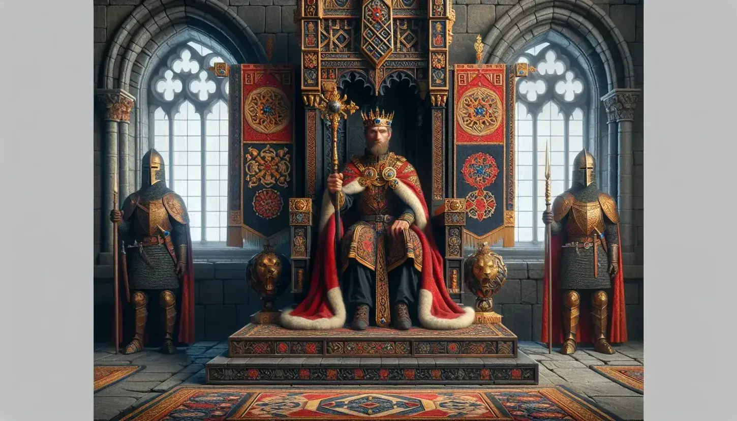 Scena medievale con re in trono di legno scuro e mantello rosso, guardie in armatura, finestra ad arco e oggetti su tavolo.