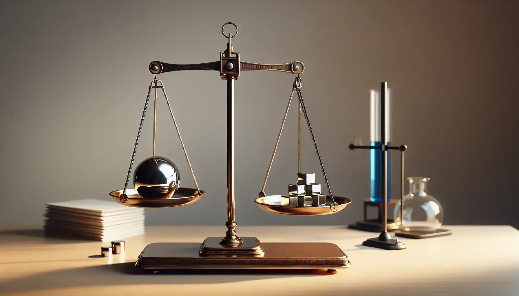 Bilancia a bracci uguali in bronzo con sfera metallica argento e cubi dorati in equilibrio, su sfondo neutro con attrezzatura da laboratorio.