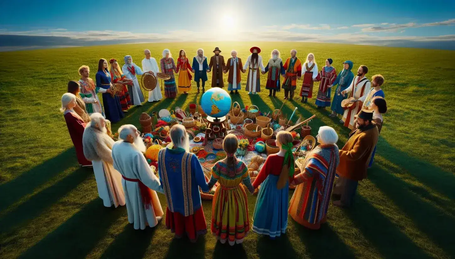 Gruppo multietnico in abiti tradizionali scambia oggetti culturali attorno a un globo su erba verde sotto cielo azzurro.
