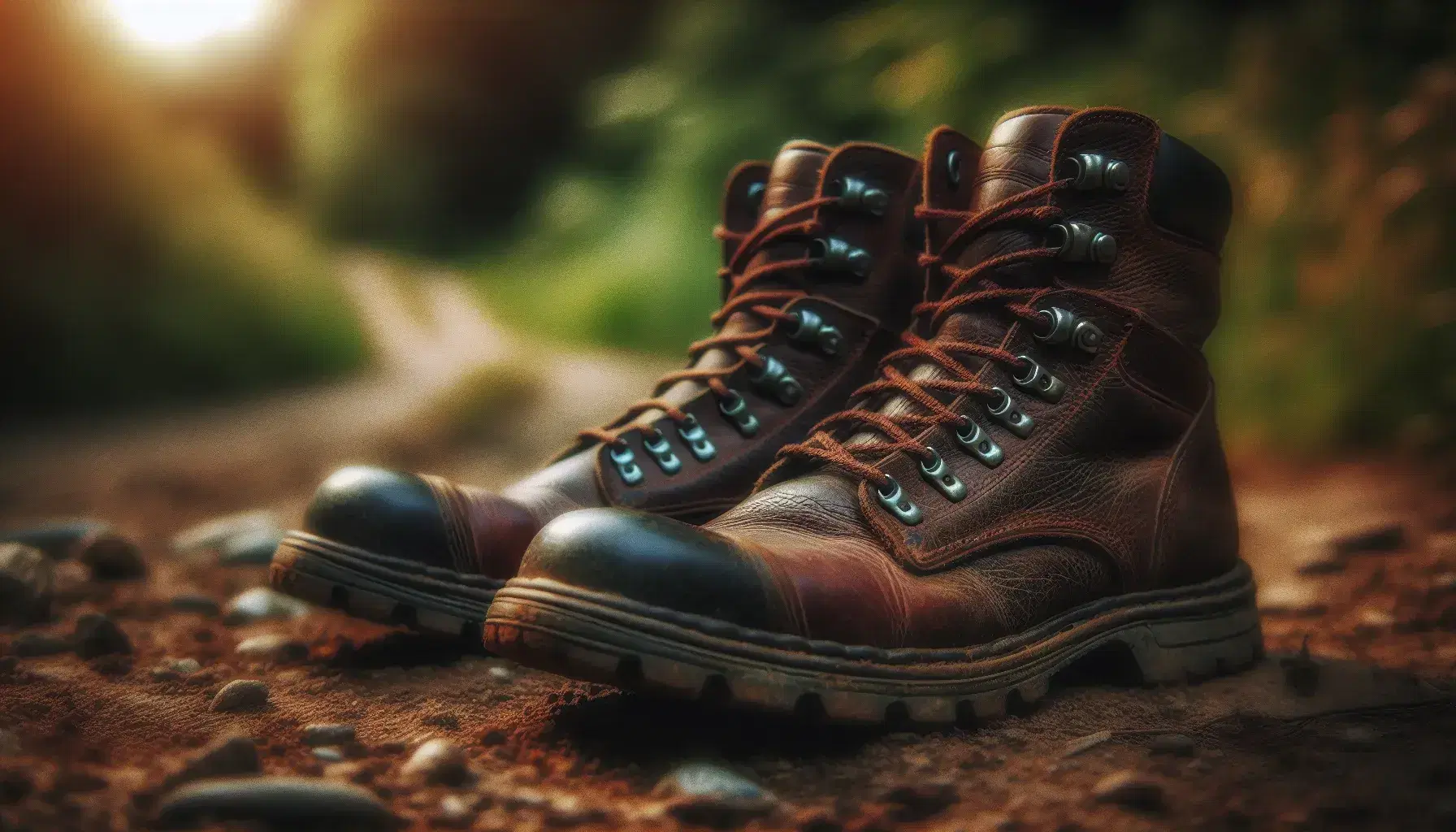 Worn brown leather hiking boots on a natural trail with pebbles and grass, amidst a blurred forest backdrop, bathed in soft sunlight.