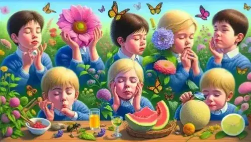 Cinque bambini in un parco rappresentano i cinque sensi: toccare un fiore, assaporare un melone, ascoltare, annusare fiori e osservare un insetto.