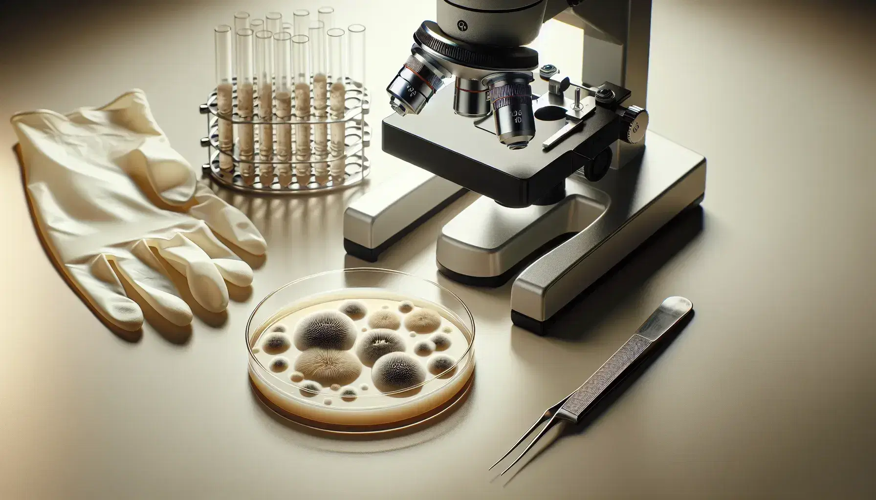 Microscopio de laboratorio moderno con placa de Petri y colonias fúngicas junto a guantes de látex y pinzas, en mesa de laboratorio clara.
