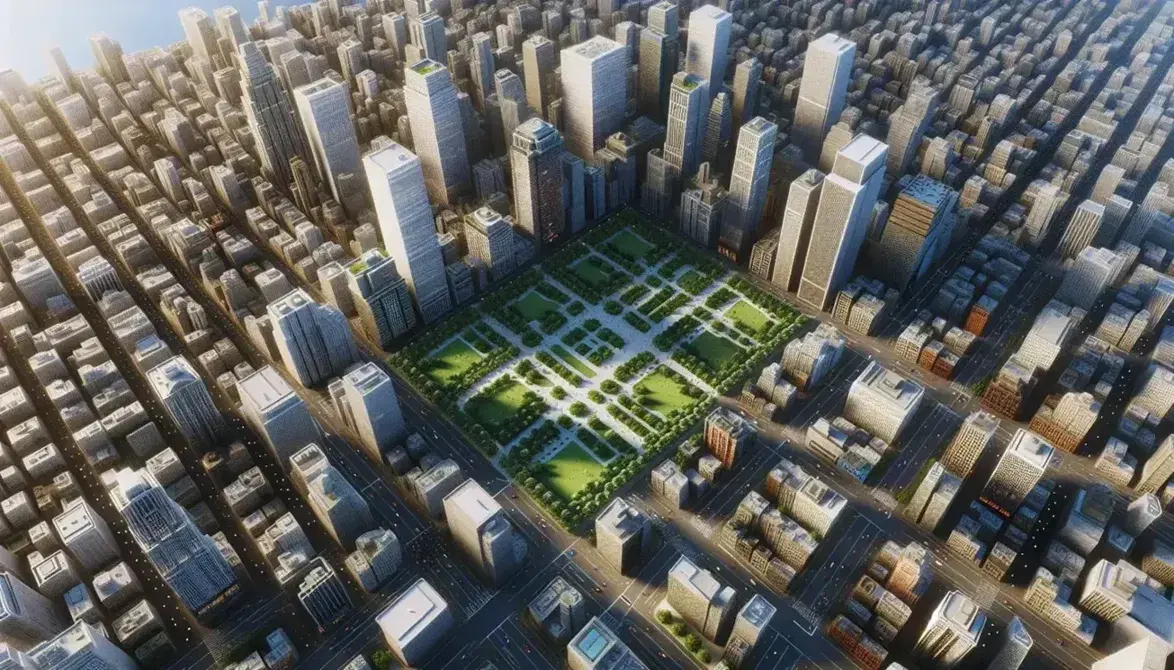 Veduta aerea di una città densamente popolata con parco centrale, grattacieli, strade trafficate e fiume in angolo inferiore destro.