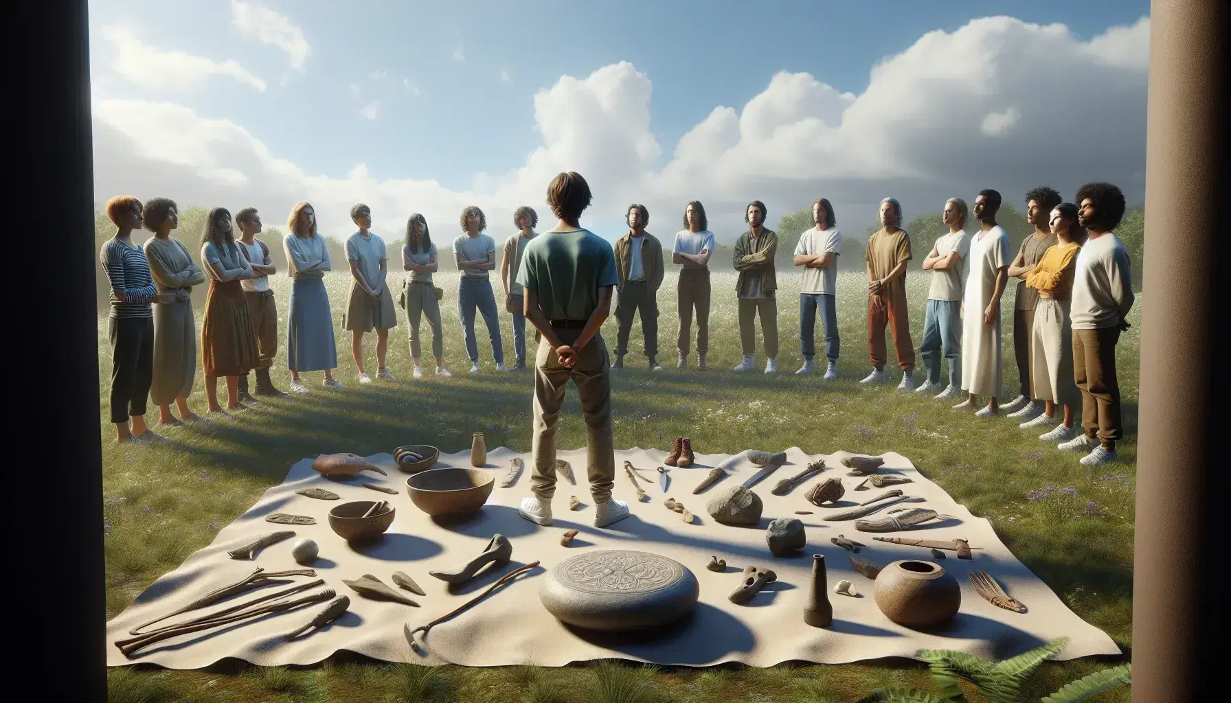 Grupo diverso de personas en semicírculo al aire libre con cielo azul, escuchando a un líder, rodeados de objetos culturales sobre tela en el césped.