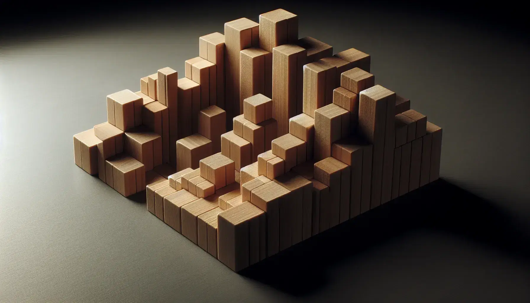 Wooden blocks arranged to simulate a city skyline, with varying heights and delicate shadows on a matte gray surface.