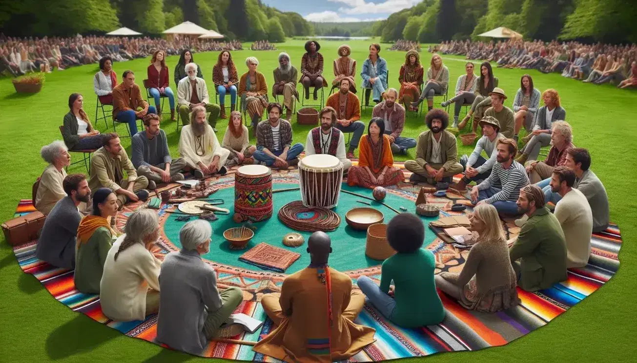 Multicultural group sitting in a circle on grass with cultural objects in the center, in a park with trees and blue sky.