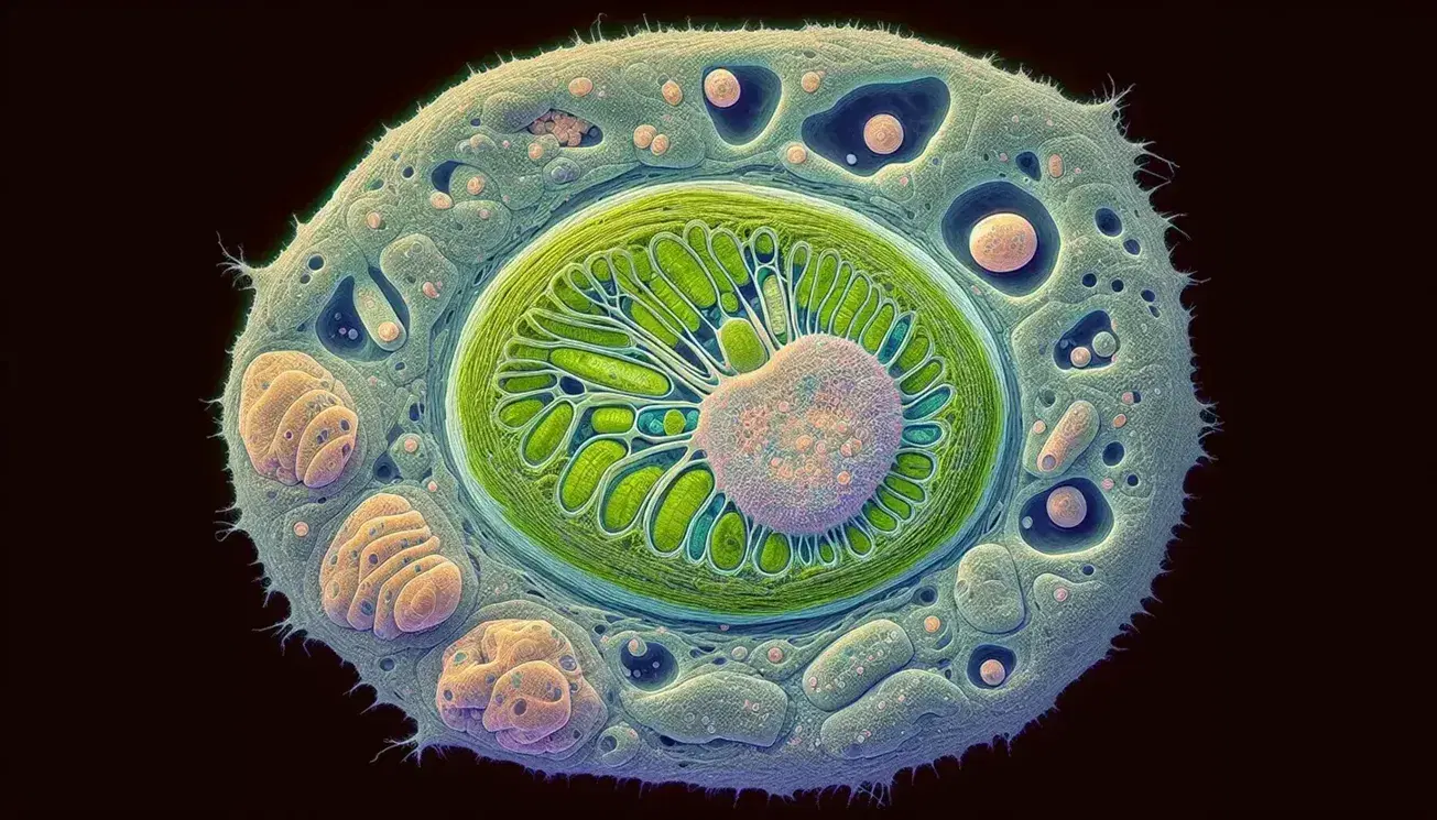 Micrografia elettronica a colori di una cellula vegetale con cloroplasto verde, mitocondrio rosa, vacuolo blu, lisosomi gialli e parete cellulare verde scuro.