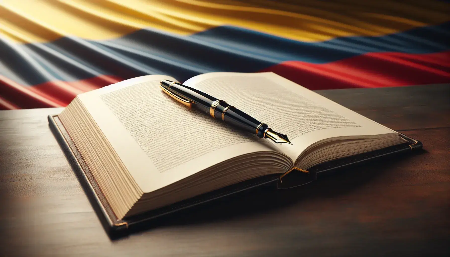 Primer plano de un libro abierto con páginas en color crema sobre una superficie de madera oscura, acompañado de una pluma fuente negra y la bandera de Colombia al fondo.