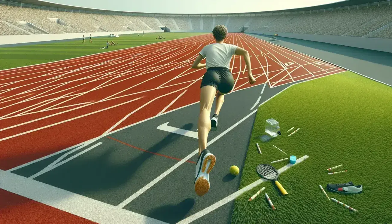 Atleta in corsa su pista di atletica rossa con maglia bianca e pantaloncini neri, tribune vuote sullo sfondo, cielo azzurro con nuvole sparse.