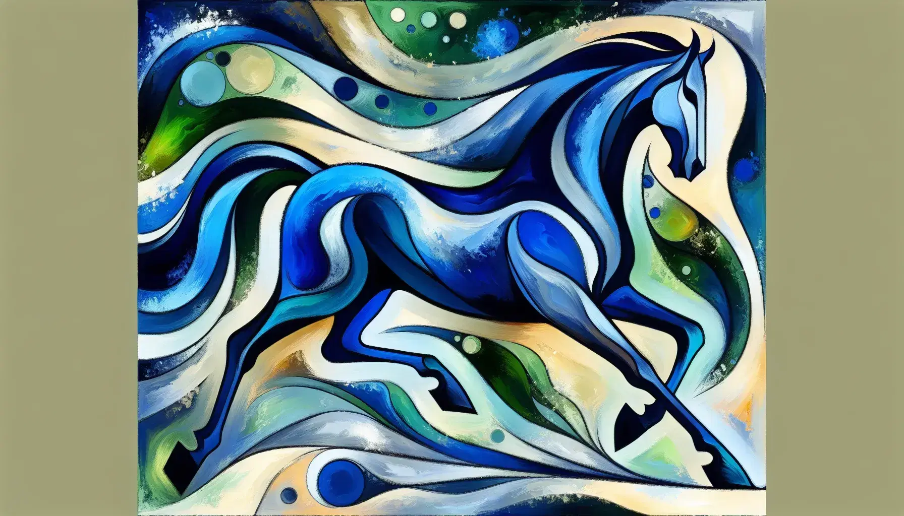 Cavallo stilizzato in movimento, dipinto in tonalità di blu vivaci su sfondo astratto con macchie verdi e gialle.