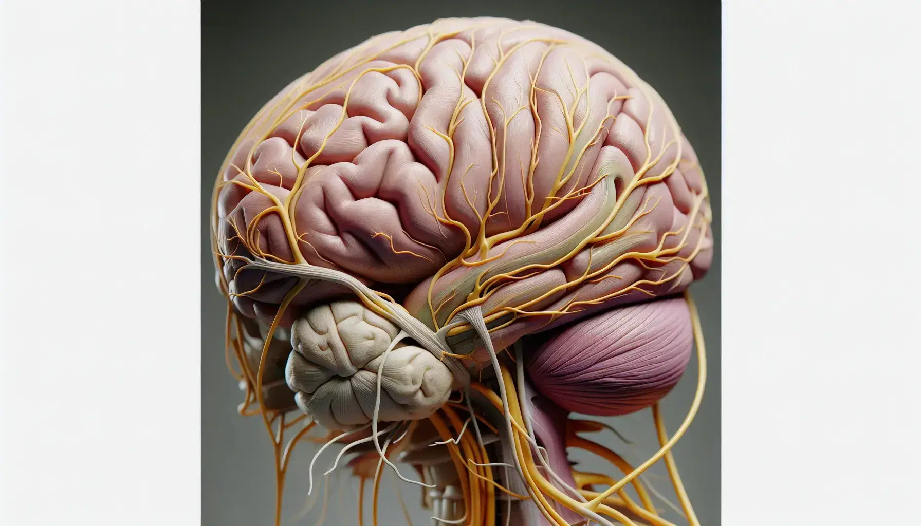 Modelo anatómico detallado del cerebro humano en tonos rosas y morados con nervios craneales en amarillo pálido, destacando el nervio óptico central.