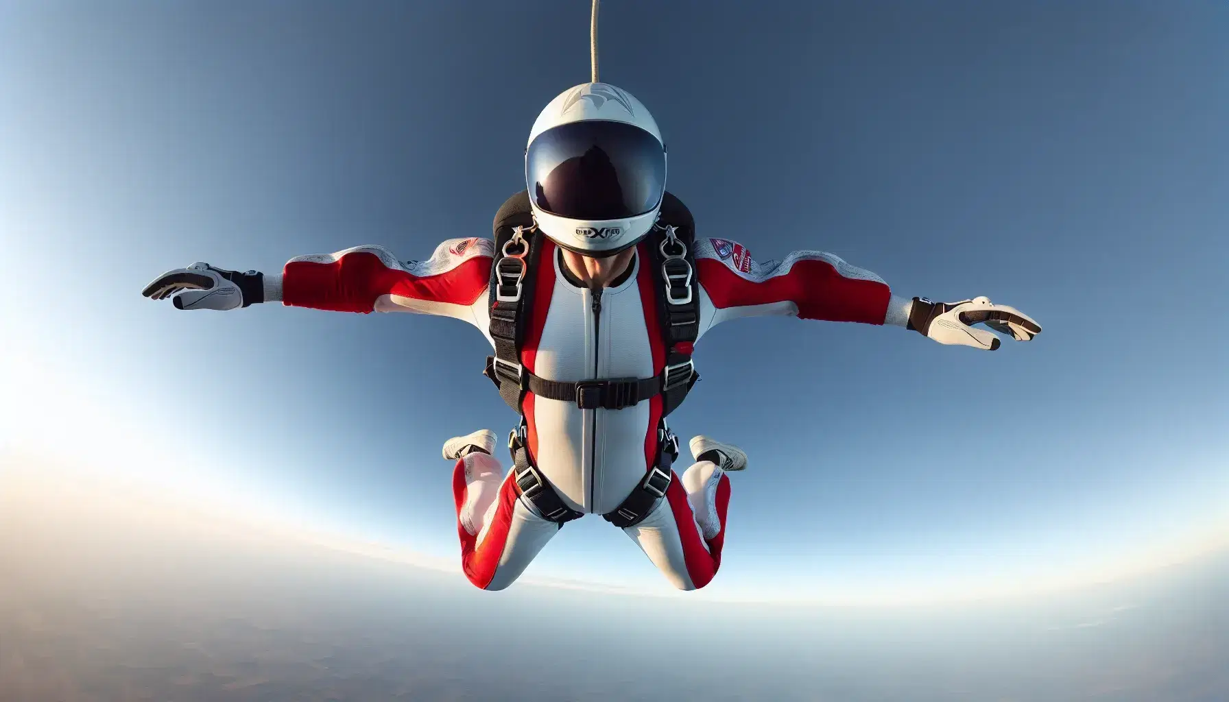 Skydiver in red and white jumpsuit free-falling against a clear blue sky, with arms extended and parachute unopened, highlighting the thrill of skydiving.
