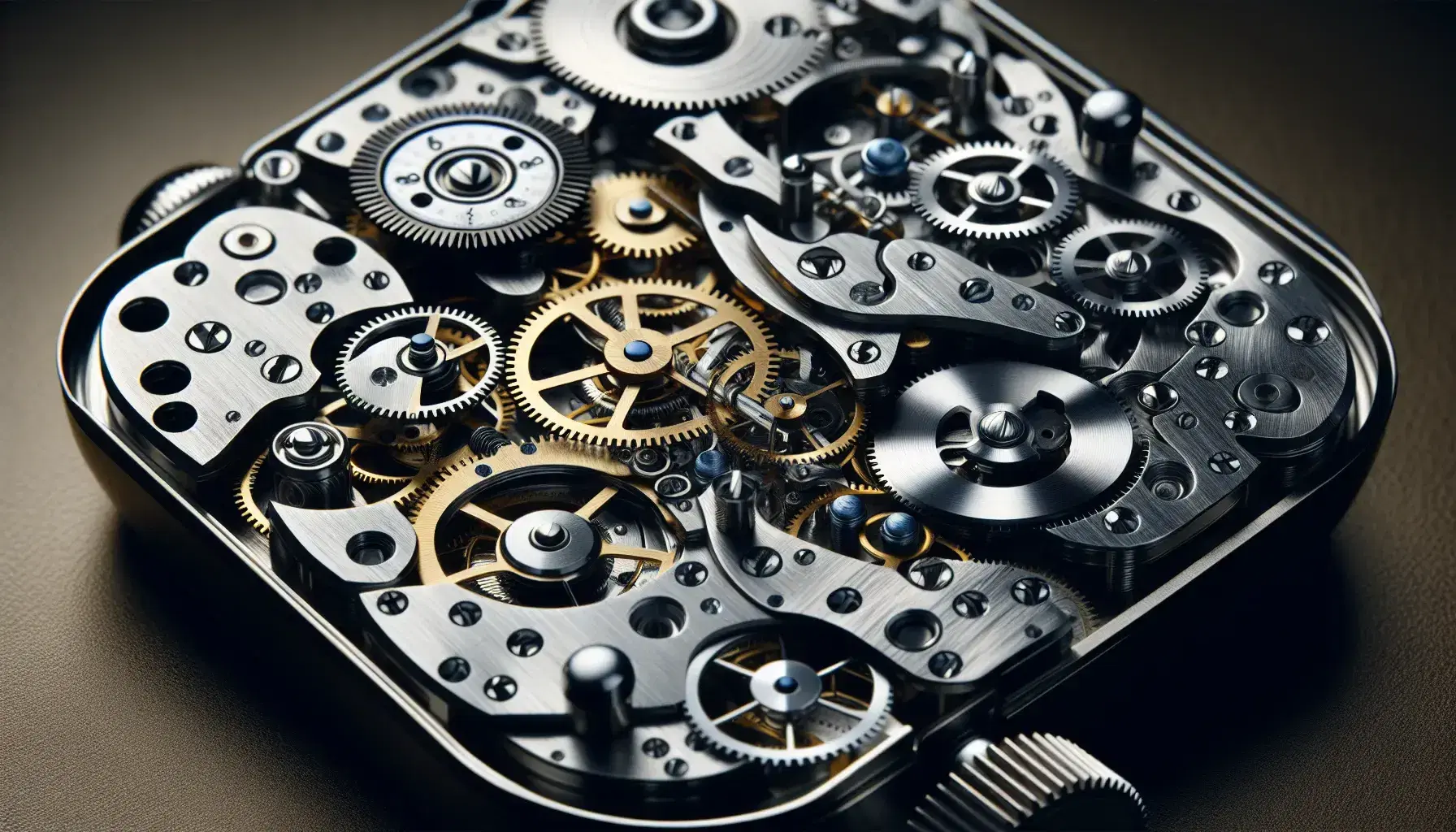 Close-up of a partially disassembled mechanical clock mechanism with metal gears, springs and cogwheels on a dark background.