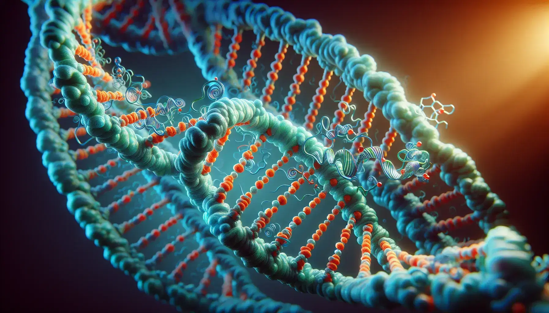 Close-up view of a DNA double helix with a metallic silver phosphate backbone and blue-green base pairs, near a red-to-orange gradient ribbon structure.