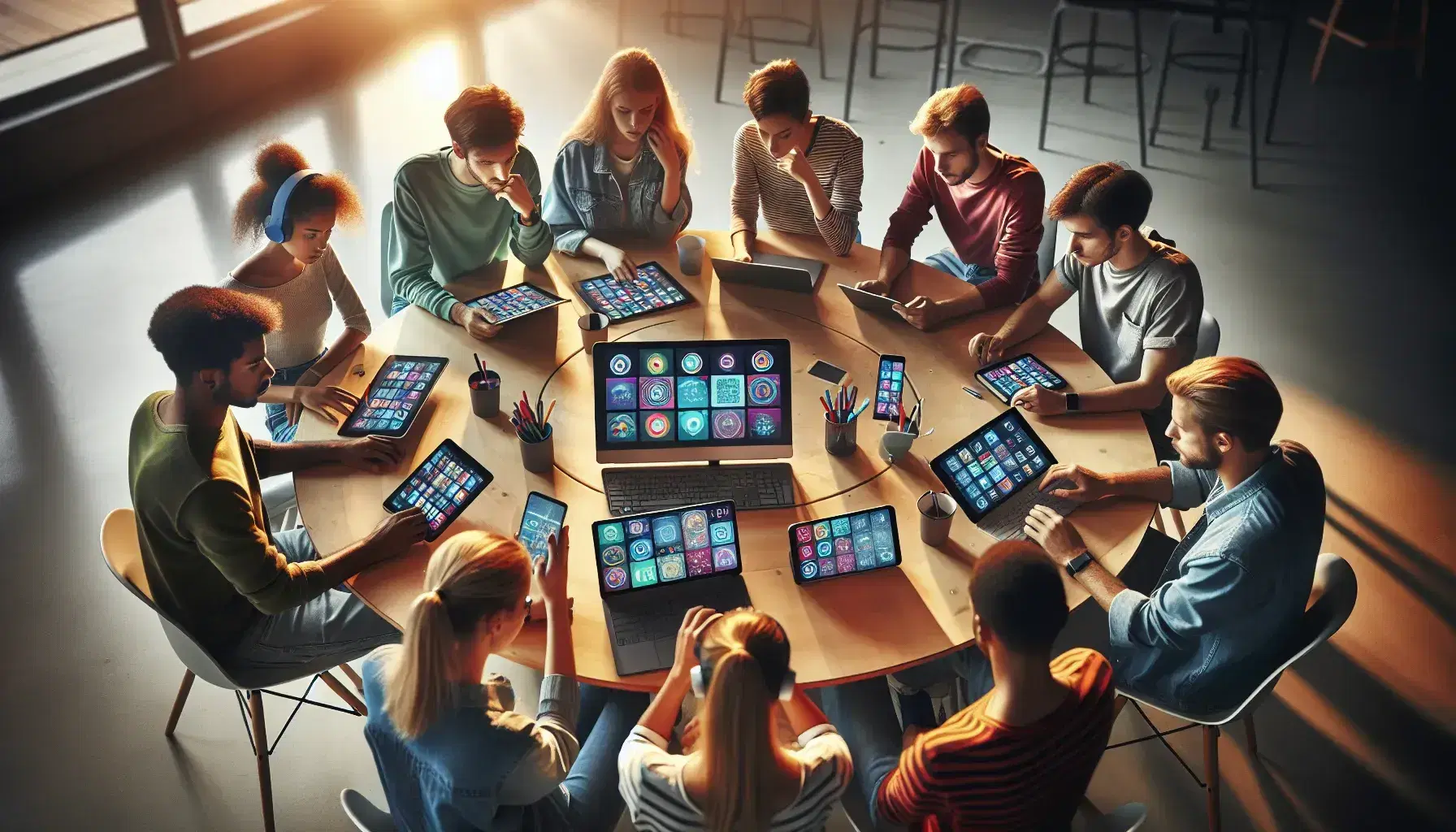 Grupo diverso de estudiantes concentrados alrededor de una mesa redonda con dispositivos digitales como tabletas, smartphones y un portátil en un ambiente iluminado.